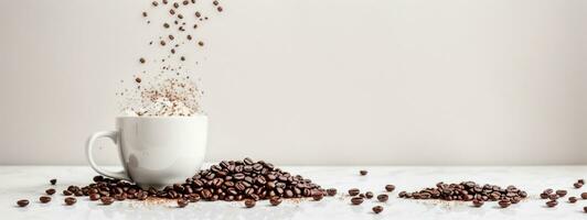 hot espresso and coffee bean on white table with soft-focus and over light in the background. top view. AI generated photo