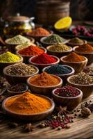 Colorful spices on wooden table. AI generated photo