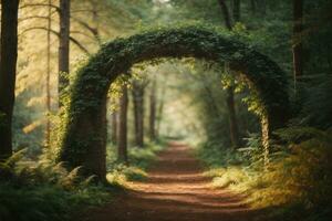 Natural archway shaped by branches in the forest. AI generated photo