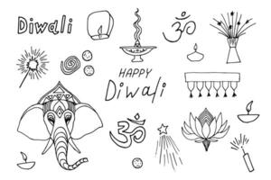 contento diwali.indio festival garabatear recopilación. varios artículos a celebrar. mano dibujado. vector