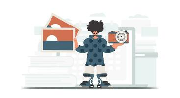 The person holds a camera and photographs in his hands. The concept of rest and travel. Trendy style, Vector Illustration