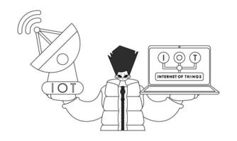 él es equipado un antena y computadora portátil, Listo a trabajo iot datos y vector lineal estilo