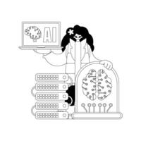 Girl gripping AI model, portrayed via vector linear style