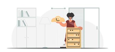 Synchronization and security of information capacity concept. The energized lady is holding a information cloud and a server. Trendy style, Vector Illustration