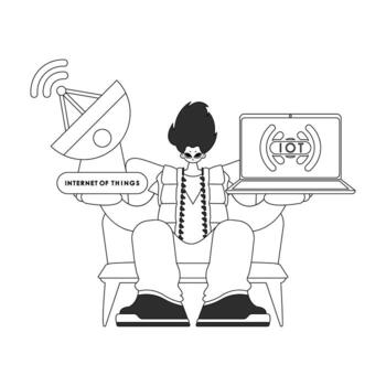 A cartoon character sitting on a chair with a laptop vector