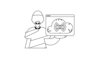 A person holding a computer screen with a cartoon character vector