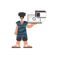 The individual is holding a tablet in which data is being synchronized. Compelled. Trendy style, Vector Illustration