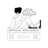 AI man and computer, AI concept, linear artwork vector