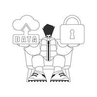 A man sitting on a chair holding a laptop with the word data vector