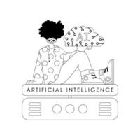 AI guy and server in linear style with AI theme vector