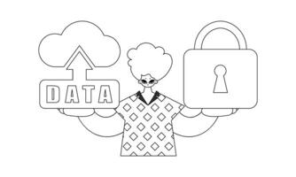 Man gripping cloud storage emblem for IoT, linear vector style