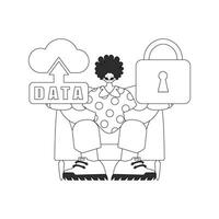 Man holding cloud storage icon to represent Internet of Things, in vector linear design