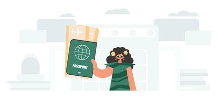 el animado mujer sostiene un visa y ver a Entradas en su manos. el concepto de descanso y viajar. de moda estilo, vector ilustración