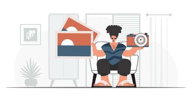 A man sitting in a chair holding a camera vector