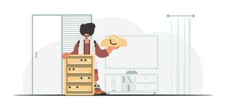 Synchronization and security of data capacity concept. The boy is holding a data cloud and a server. Trendy style, Vector Illustration