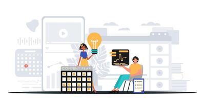 A man and woman are sitting in front of a computer with a light bulb vector