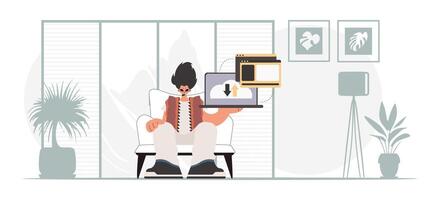 A man sitting in a chair with a laptop vector