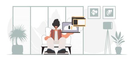 The person is holding a tablet, which is synchronized with the information capacity. Trendy style, Vector Illustration