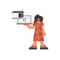 A woman holding a laptop and a tablet vector