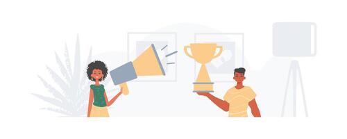 Two women holding up a trophy and a megaphone vector