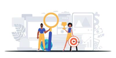 Two people holding magnifying glasses and a target vector