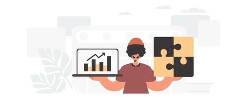 A person holding a laptop with a chart and a puzzle piece vector