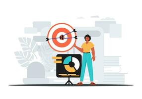 The guy holds in his hand a target with arrow that hit the center . digital selling concept. Trendy style, Vector Illustration