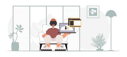 A man sitting in a chair with a laptop vector