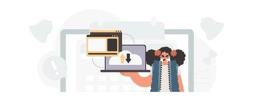 A woman holding a laptop and a phone vector