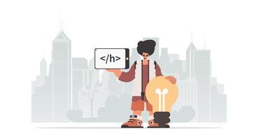 A man holding a sign with the word html vector