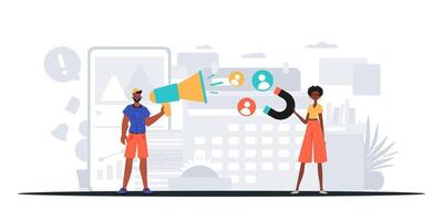 Two people are talking with a megaphone and a phone vector