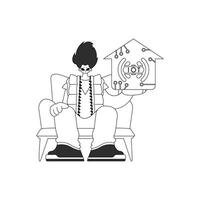 A man with a logo depicting the Internet of Things, in a linear style vector