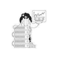 Girl with cloud server for IoT, linear design vector