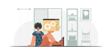 The fellow is holding a browser window with gears. SEO and web investigating subject. Trendy style, Vector Illustration