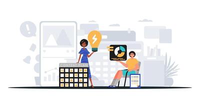 Two people are sitting in front of a computer with a light bulb vector