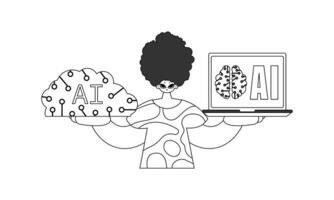 A black and white illustration of a woman holding a laptop and a brain vector