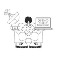 A cartoon man sitting on a couch with a laptop and a satellite dish vector