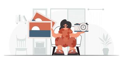 A woman is holding a camera and a box vector