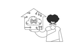 Vector linear style of a girl holding an Internet of Things logo