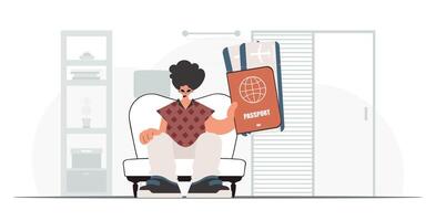 The individual holds a around the world id and talk around tickets in his hands. The concept of rest and travel. Trendy style, Vector Illustration