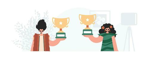 The individual and the youthful woman are holding the winner's glass. Trendy style, Vector Illustration