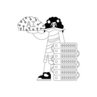 Girl working AI server, vector art of AI theme using linear style