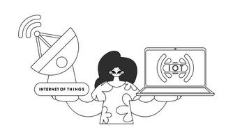 Woman using antenna and laptop to collect information from Internet of Things, in a vector linear illustration