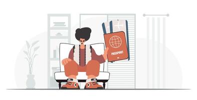 The person holds a around the world id and conversation around tickets in his hands. The concept of rest and travel. Trendy style, Vector Illustration