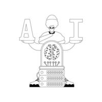 AI man and server, AI theme, linear look vector