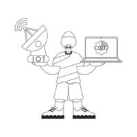 He's got an antenna and a laptop to work with Internet of Things data, linear fashion vector