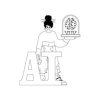linear style of a girl holding an AI model in her hands vector