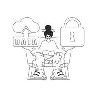 Girl holding cloud storage logo to represent Internet of Things, clean vector style