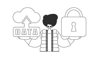 Man gripping icon of cloud storage for the Internet of Things, line art design vector