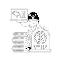A cartoon character holding a laptop and a computer vector